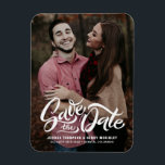 White Bold Script Photo Save the Date Magnet<br><div class="desc">Fully customizable photo save the date magnet featuring retro script overlay with black and white stripes back pattern. This photo save the date magnet is available as flat card and postcard. A perfect way to announce your wedding date to your family and friends.</div>