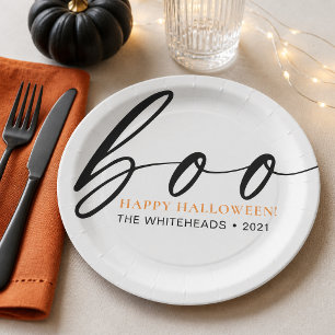 White Boo Happy Halloween Family Paper Plate
