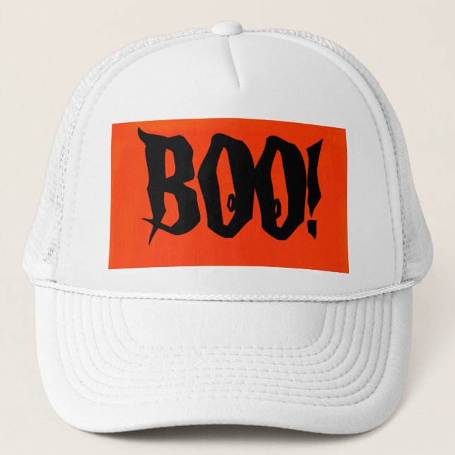 White BOO! Trucker Hat in Orange and Black design. (Front)