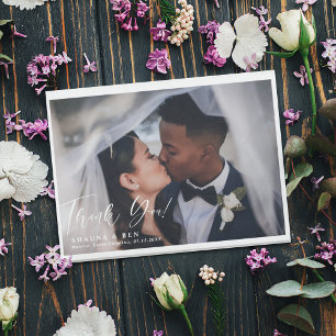 White Border Calligraphy Overlay Wedding 2 Photo Thank You Card