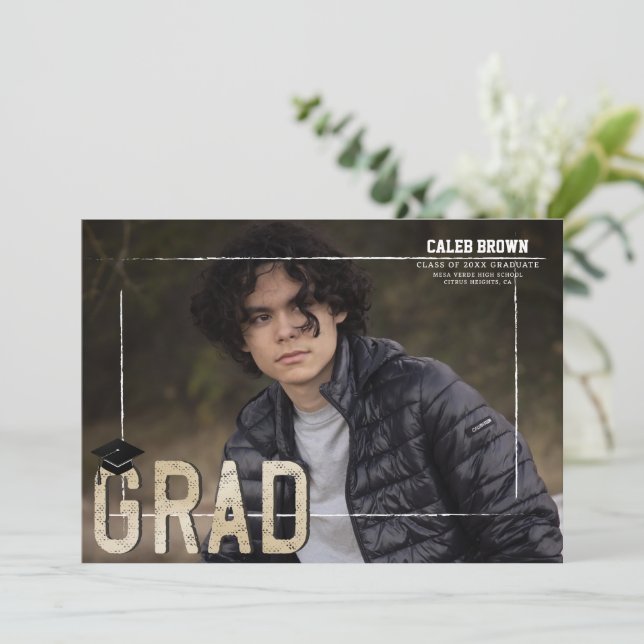 White Border Grad Graduation Photo Announcement (Standing Front)