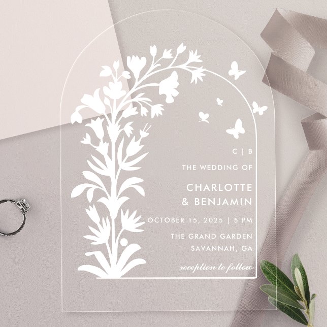 White Botanical Butterfly Arched Wedding Acrylic Invitations (Creator Uploaded)