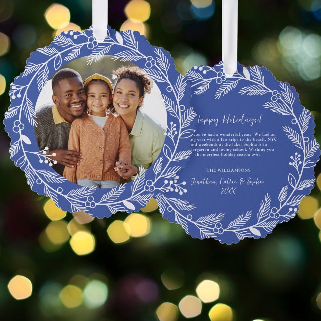 White Botanical Christmas Wreath Custom Photo Tree Decoration Card (Creator Uploaded)