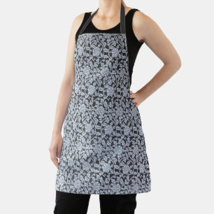 White botanical design on gray apron