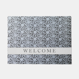 White botanical design on grey Door Mat