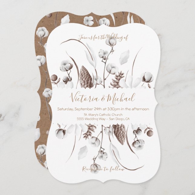 White Botanical floral cotton  Wedding invitations (Front/Back)
