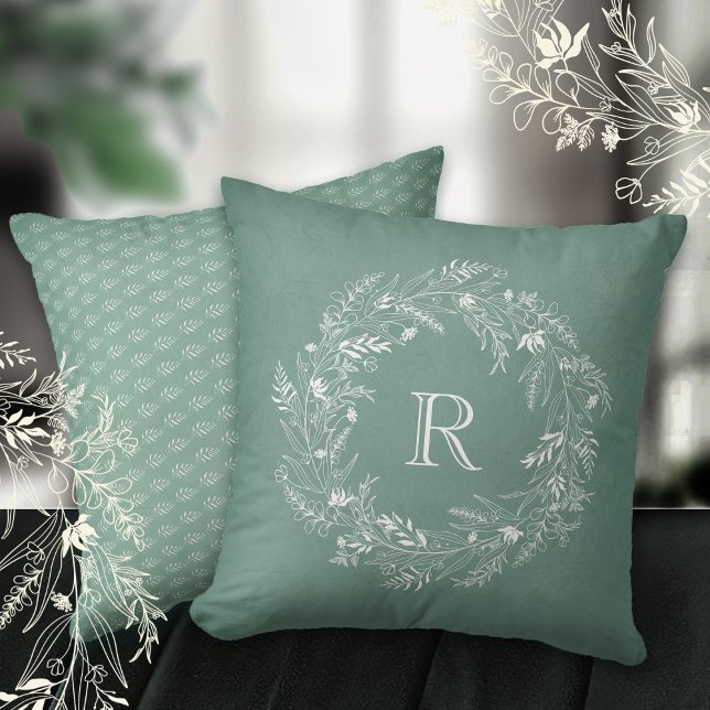 White botanical leaf wreath letter R Cushion (Creator Uploaded)