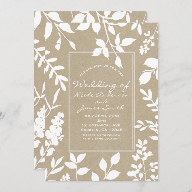 White Botanical Leaves Simple Rustic Wedding Invitation (Front/Back)
