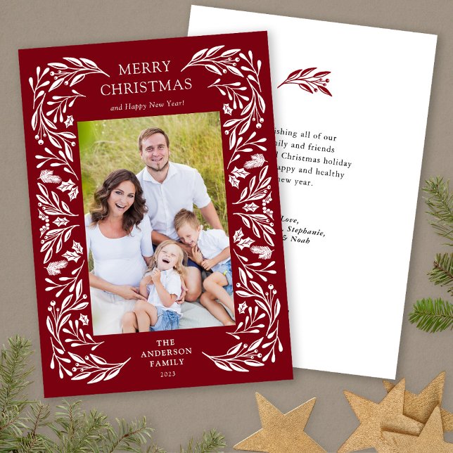 White Botanical Merry Christmas Message Photo Holiday Card (Creator Uploaded)