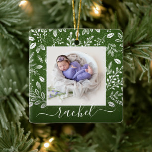 White Botanical on Green Photo Ceramic Ornament