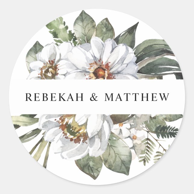 White Botanical Personalised Wedding Classic Round Sticker (Front)