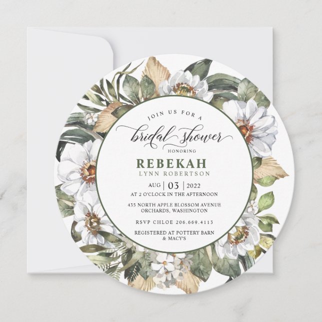 White Botanical  Round Bridal Shower Invitation (Front)