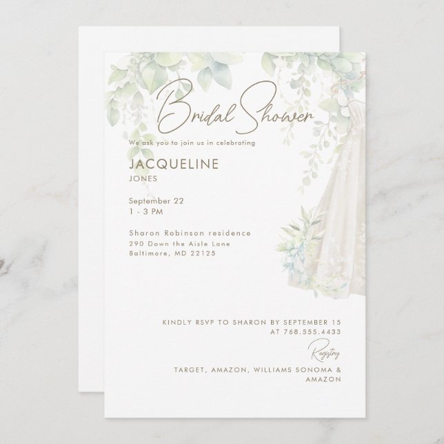 White  Botanical Wedding Dress Bridal Shower  Invitation (Front/Back)