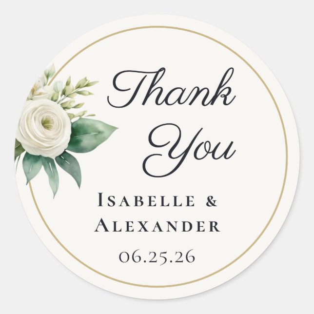 White Botanical Wedding Thank You Classic Round Sticker (Front)