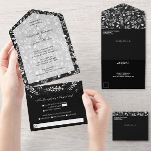White Botanicals on Black No Envelopes Wedding All In One Invitation