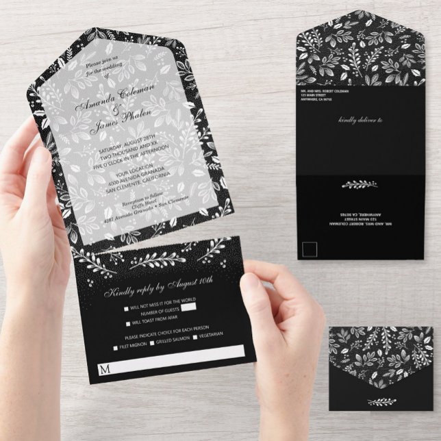 White Botanicals on Black Wedding All In One Invitation (Creator Uploaded)