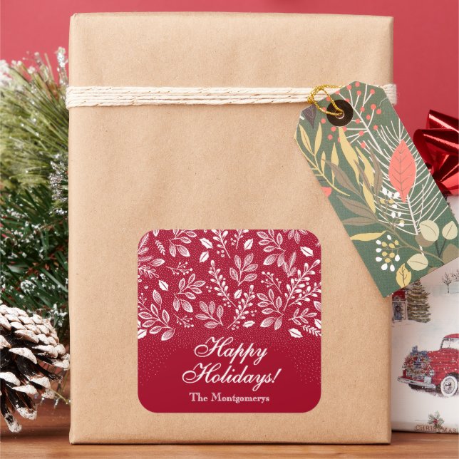 White Botanicals on Cranberry Happy Holidays Square Sticker (Holiday)