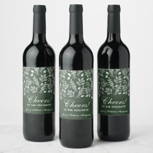 White Botanicals on Green Christmas Wine Label