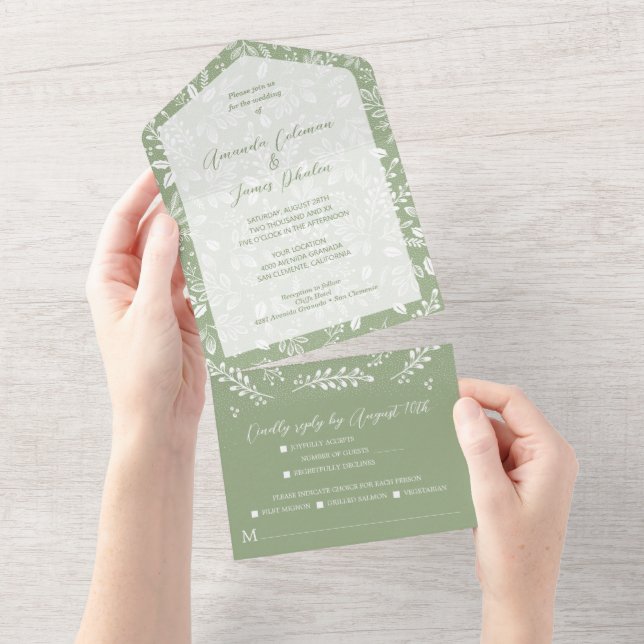 White Botanicals on Sage Green Wedding All In One Invitation (Tearaway)