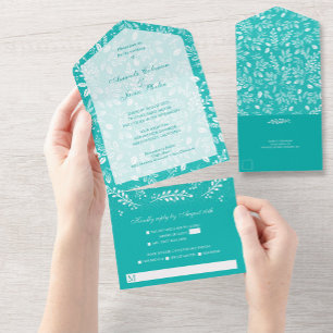 White Botanicals on Turquoise All In One Invitation