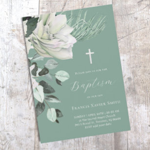 white bouquet on green background Baptism  Invitation
