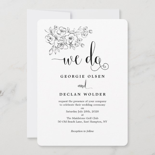 White Bouquet We Do Calligraphy Wedding Invitation (Front)