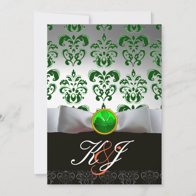 WHITE BOW AND GREEN DAMASK SHAMROCK MONOGRAM INVITATION (Front)