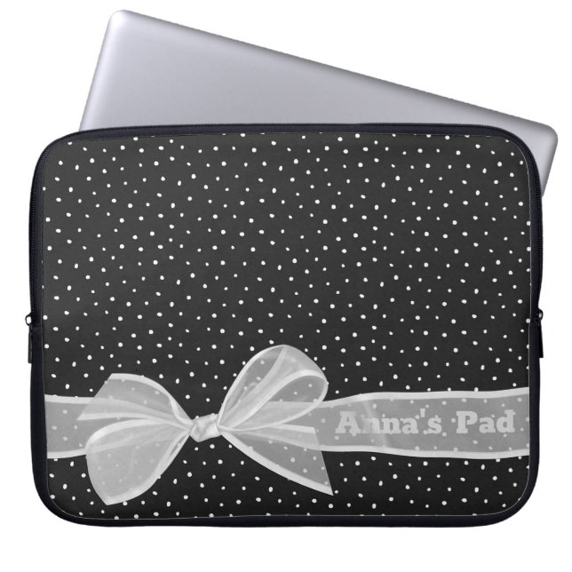 White Bow and Ribbon On Dots with Name Laptop Sleeve (Front)