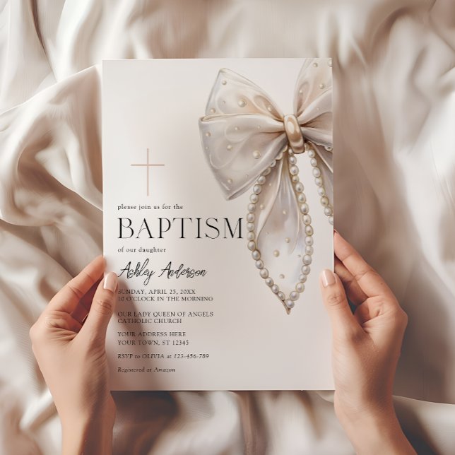 White Bow Baptism Girl Invitation (Creator Uploaded)