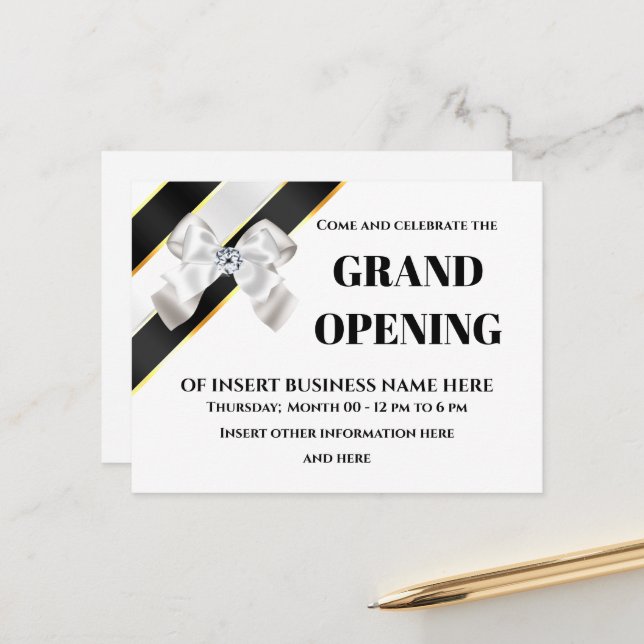 White bow black ribbon grand opening VIP guests Announcement Postcard (Front/Back In Situ)
