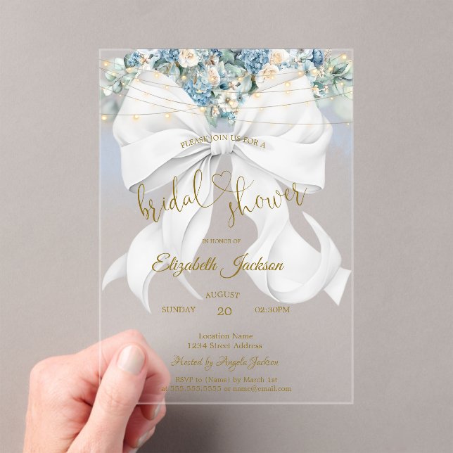 White Bow Blue Flowers String Lights Bridal Shower Acrylic Invitations (Insitu (Handheld))