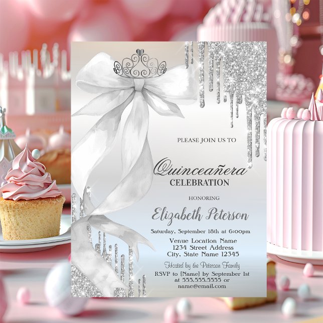 White Bow Crown Glitter Drips Silver Quinceañera Invitation (Creator Uploaded)