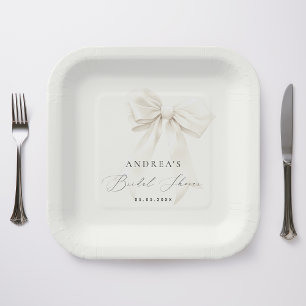 White Bow Elegant Script Classy Chic Bridal Shower Paper Plate