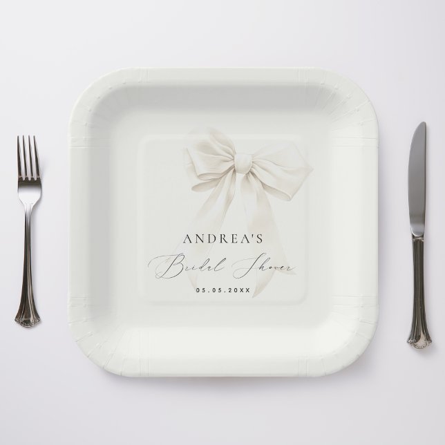 White Bow Elegant Script Classy Chic Bridal Shower Paper Plate (Creator Uploaded)