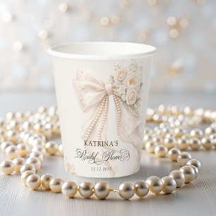 White Bow Floral Bridal Shower Paper Cups