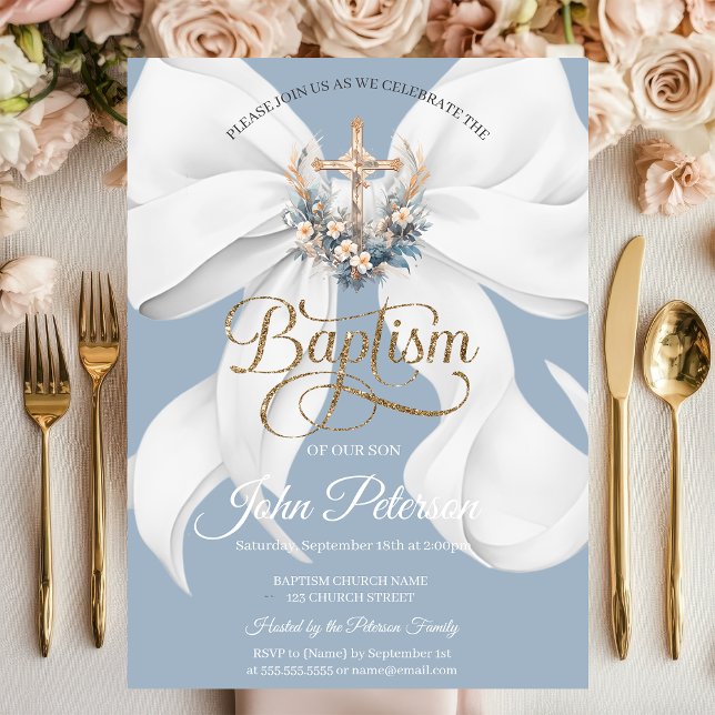 White Bow Floral Cross Baptism Dusty Blue Invitation (Creator Uploaded)