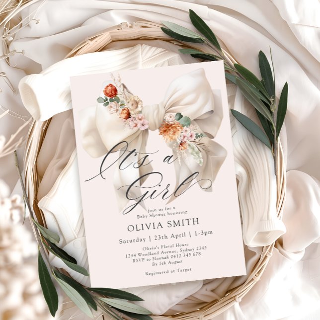 White Bow Its a Girl Floral Baby Shower Invitation (Creator Uploaded)