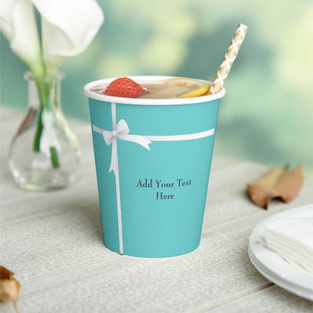White Bow on Teal Blue Custom Paper Cups (Insitu)