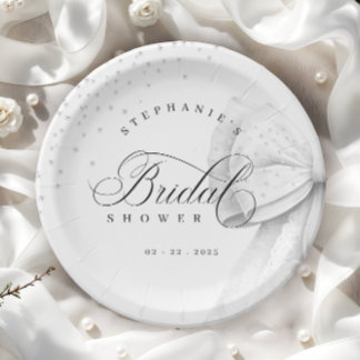 White Bow Pearls Bridal Shower Paper Plate