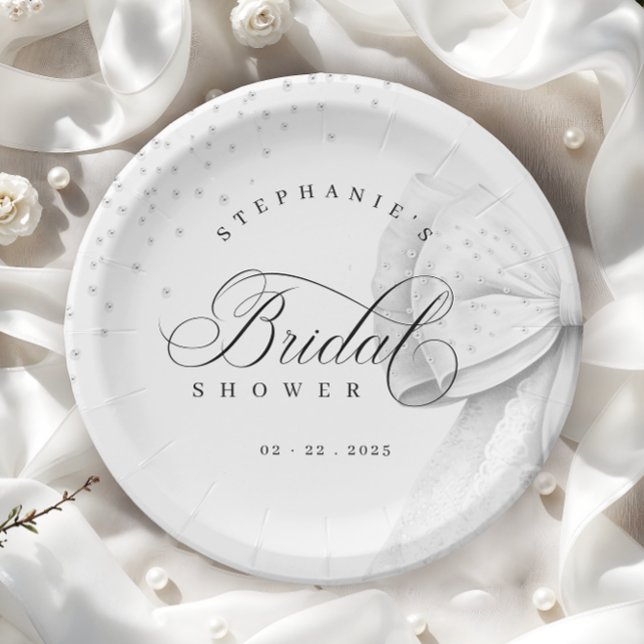 White Bow Pearls Bridal Shower Paper Plate (Creator Uploaded)