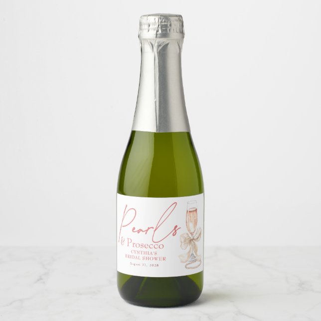 White Bow Pearls & Prosecco Cream Bridal Shower Sparkling Wine Label (Front)
