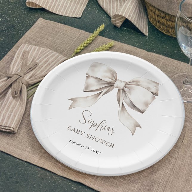 White Bow Ribbon Vintage Baby Shower Paper Plate (Creator Uploaded)