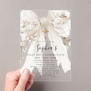 White Bow Rose Floral Girl First Communion Acrylic Invitations
