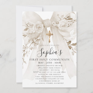 White Bow Rose Floral Girl First Communion Invitation