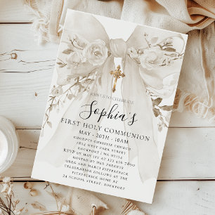 White Bow Rose Floral Girl First Communion Invitation