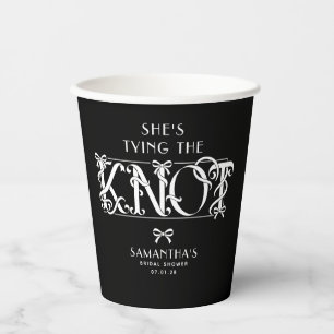 White Bow She's Tying the Knot Black Bridal Shower Paper Cups