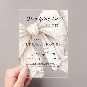 White Bow She's Tying the Knot Bridal Shower Acrylic Invitations
