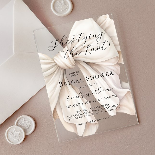 White Bow She's Tying the Knot Bridal Shower Acrylic Invitations (Creator Uploaded)
