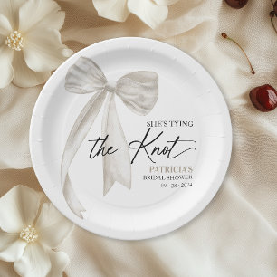 White Bow She's Tying the Knot Bridal Shower Paper Plate