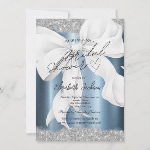 White Bow Silver Sparkle Blue Bridal Shower Invitation